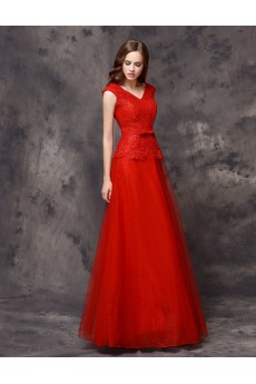 Organza, Lace V-neck Floor Length Cap Sleeve A-line Dress with Bow