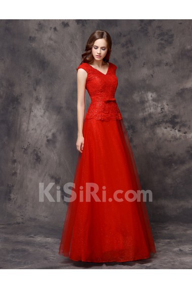 Organza, Lace V-neck Floor Length Cap Sleeve A-line Dress with Bow