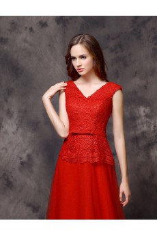 Organza, Lace V-neck Floor Length Cap Sleeve A-line Dress with Bow