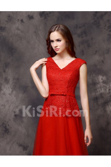 Organza, Lace V-neck Floor Length Cap Sleeve A-line Dress with Bow