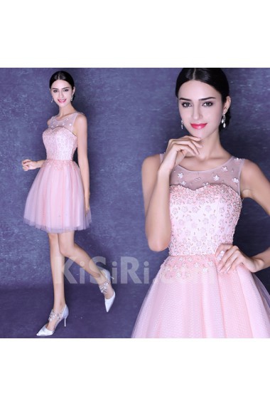 Organza Scoop Mini/Short Sleeveless Ball Gown Dress with Beads