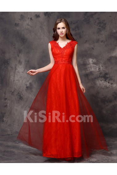 Lace V-neck Floor Length Cap Sleeve Sheath Dress with Sequins