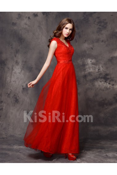 Lace V-neck Floor Length Cap Sleeve Sheath Dress with Sequins