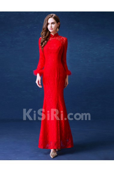 Lace High Collar Ankle-Length Long Sleeve Sheath Dress with Sequins