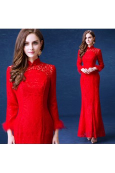 Lace High Collar Ankle-Length Long Sleeve Sheath Dress with Sequins