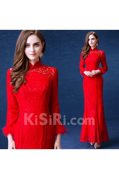 Lace High Collar Ankle-Length Long Sleeve Sheath Dress with Sequins