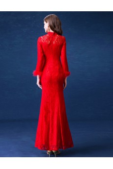 Lace High Collar Ankle-Length Long Sleeve Sheath Dress with Sequins