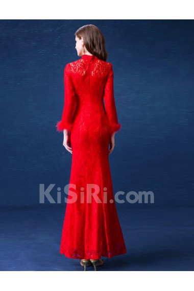 Lace High Collar Ankle-Length Long Sleeve Sheath Dress with Sequins