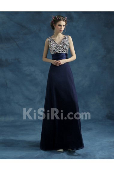 Tulle V-neck Floor Length Sleeveless Sheath Dress with Rhinestone