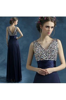 Tulle V-neck Floor Length Sleeveless Sheath Dress with Rhinestone