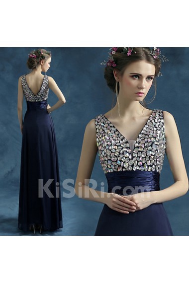 Tulle V-neck Floor Length Sleeveless Sheath Dress with Rhinestone