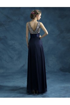 Tulle V-neck Floor Length Sleeveless Sheath Dress with Rhinestone