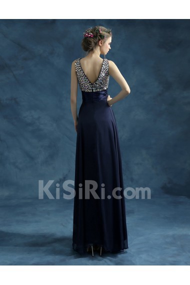 Tulle V-neck Floor Length Sleeveless Sheath Dress with Rhinestone