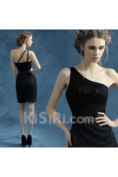 Lace One-shoulder Mini/Short Sleeveless Sheath Dress with Embroidered, Sash