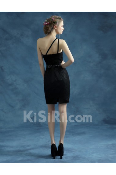 Lace One-shoulder Mini/Short Sleeveless Sheath Dress with Embroidered, Sash