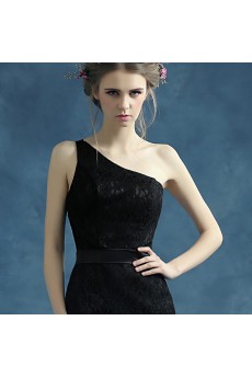 Lace One-shoulder Mini/Short Sleeveless Sheath Dress with Embroidered, Sash