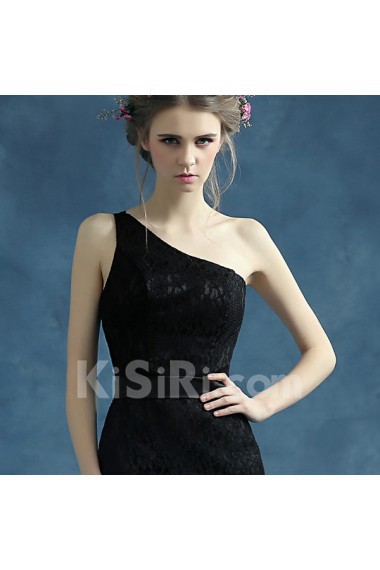 Lace One-shoulder Mini/Short Sleeveless Sheath Dress with Embroidered, Sash