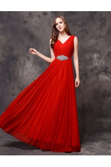 Lace V-neck Floor Length Sleeveless Sheath Dress with Rhinestone