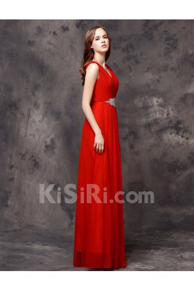 Lace V-neck Floor Length Sleeveless Sheath Dress with Rhinestone