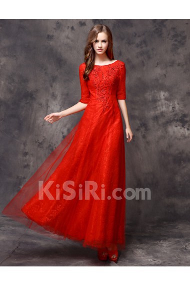 Lace Scoop Floor Length Half Sleeve Sheath Dress with Sequins