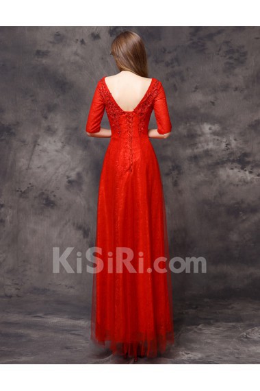 Lace Scoop Floor Length Half Sleeve Sheath Dress with Sequins