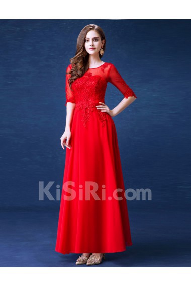 Lace, Chiffon Scoop Floor Length Half Sleeve A-line Dress with Pearl