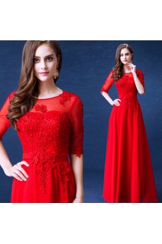 Lace, Chiffon Scoop Floor Length Half Sleeve A-line Dress with Pearl