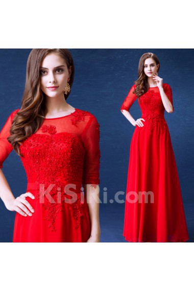 Lace, Chiffon Scoop Floor Length Half Sleeve A-line Dress with Pearl