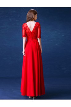 Lace, Chiffon Scoop Floor Length Half Sleeve A-line Dress with Pearl