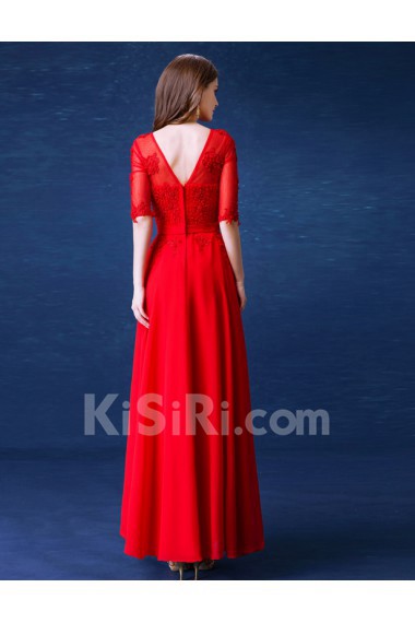 Lace, Chiffon Scoop Floor Length Half Sleeve A-line Dress with Pearl