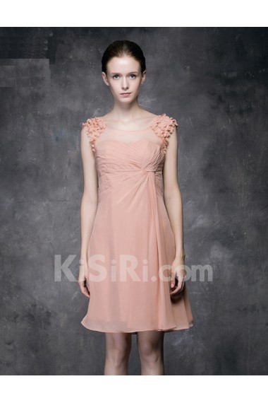 Lace, Satin Scoop Mini/Short Sleeveless A-line Dress with Handmade Flowers