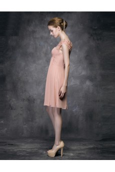 Lace, Satin Scoop Mini/Short Sleeveless A-line Dress with Handmade Flowers