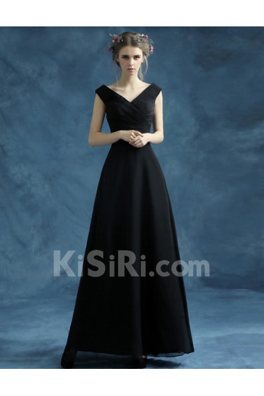 Chiffon V-neck Floor Length Cap Sleeve A-line Dress with Ruched