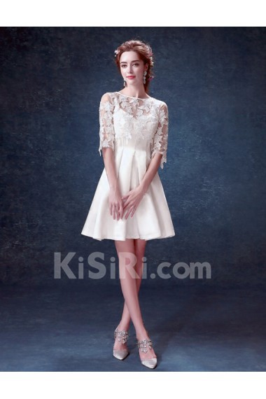 Lace, Chiffon, Tulle Bateau Mini/Short Half Sleeve A-line Dress with Embroidered