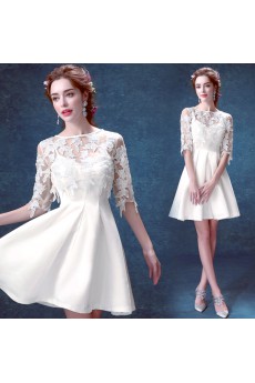 Lace, Chiffon, Tulle Bateau Mini/Short Half Sleeve A-line Dress with Embroidered