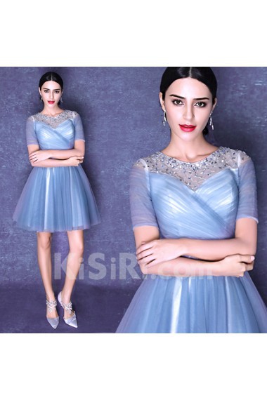 Tulle Jewel Mini/Short Short Sleeve Ball Gown Dress with Rhinestone