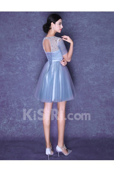 Tulle Jewel Mini/Short Short Sleeve Ball Gown Dress with Rhinestone