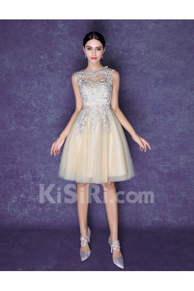 Lace, Tulle Jewel Knee-Length Sleeveless Ball Gown Dress with Embroidered