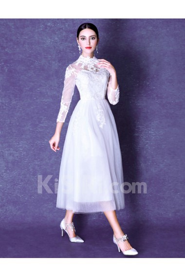 Organza High Collar Tea-Length Long Sleeve A-line Dress with Beads