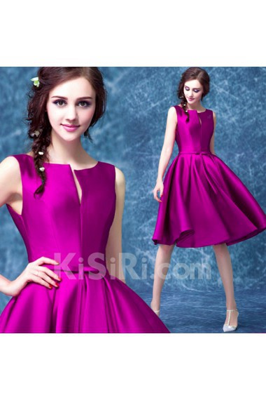 Satin V-neck Knee-Length Sleeveless Ball Gown Dress with Bow