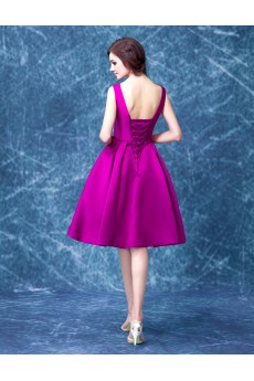 Satin V-neck Knee-Length Sleeveless Ball Gown Dress with Bow