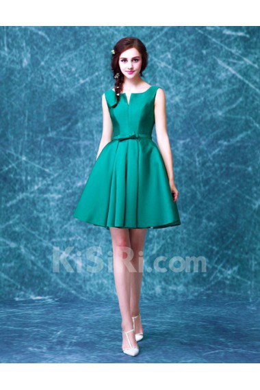 Satin V-neck Mini/Short Sleeveless A-line Dress with Bow