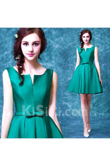 Satin V-neck Mini/Short Sleeveless A-line Dress with Bow