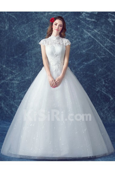 Organza High Collar Floor Length Cap Sleeve Ball Gown Dress with Rhinestone