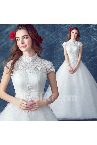 Organza High Collar Floor Length Cap Sleeve Ball Gown Dress with Rhinestone