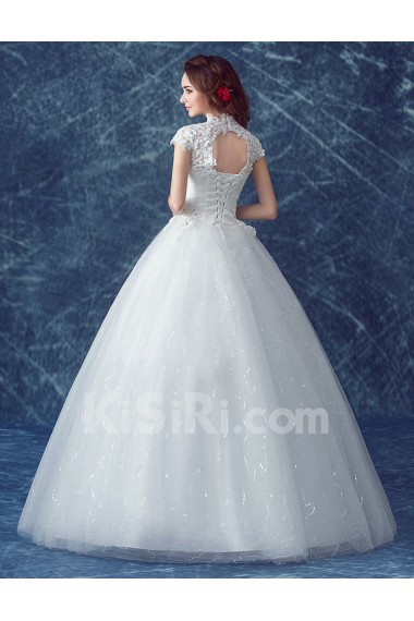 Organza High Collar Floor Length Cap Sleeve Ball Gown Dress with Rhinestone