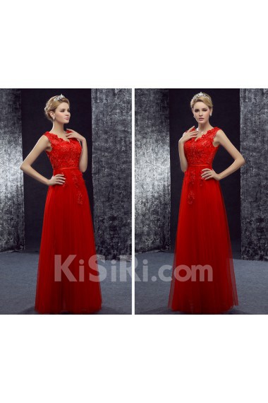 Lace, Tulle V-neck Floor Length Cap Sleeve A-line Dress with Applique