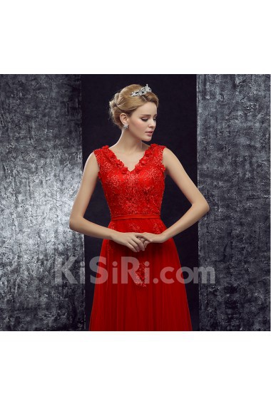 Lace, Tulle V-neck Floor Length Cap Sleeve A-line Dress with Applique