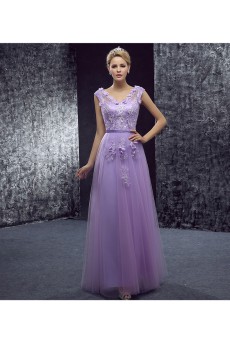 Lace, Tulle V-neck Floor Length Cap Sleeve A-line Dress with Applique