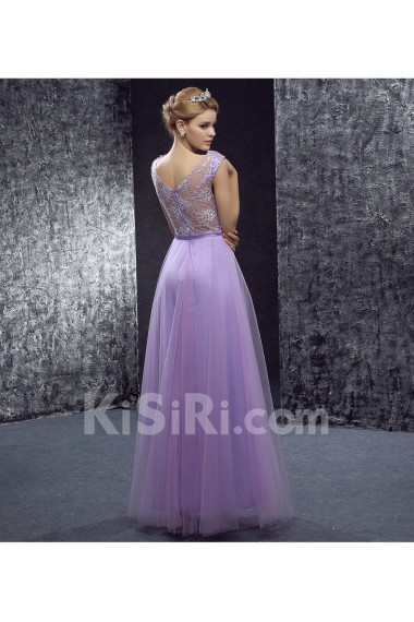 Lace, Tulle V-neck Floor Length Cap Sleeve A-line Dress with Applique